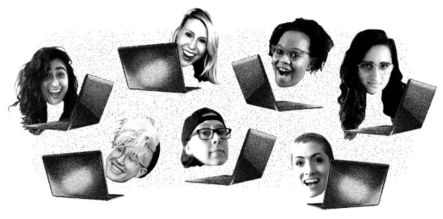 Sarah, Riese, Kayla, Carmen, Nicole, Heather and Laneia each appear as floating heads behind laptops. The background is grainy and white. Everyone except Heather is smiling hugely.
