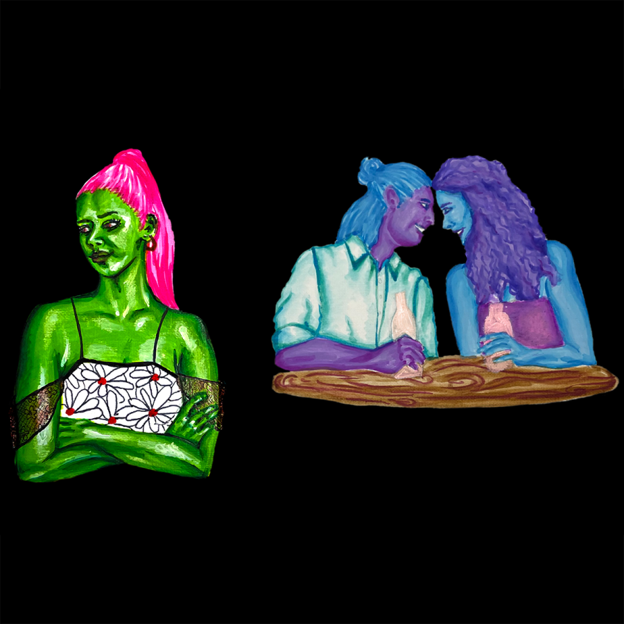 A person with green skin and long pink hair looks off to the side with their arms folded against a black background. Two people behind them (a person with purple skin and blue hair and a person with blue skin and purple hair) touch their foreheads together.