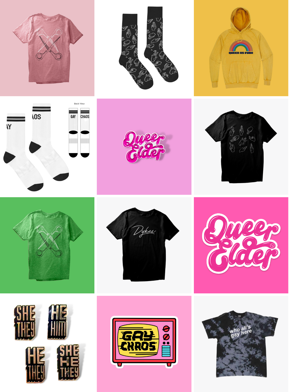 holigay merch for the autostraddle store 2021 - socks, tees, enamel pins and stickers