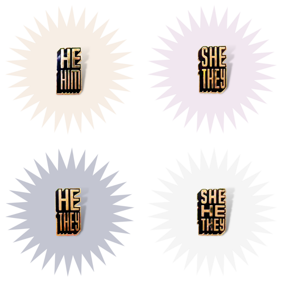 Pronoun Enamel pins are gold metal with black hard enamel. Words are stacked in condensed tall hand-drawn letters in rectangular shapes with a black 3d shadow.