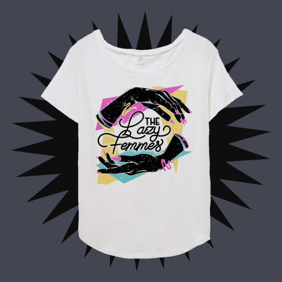 Our Lazy Femmes tee on a black background.