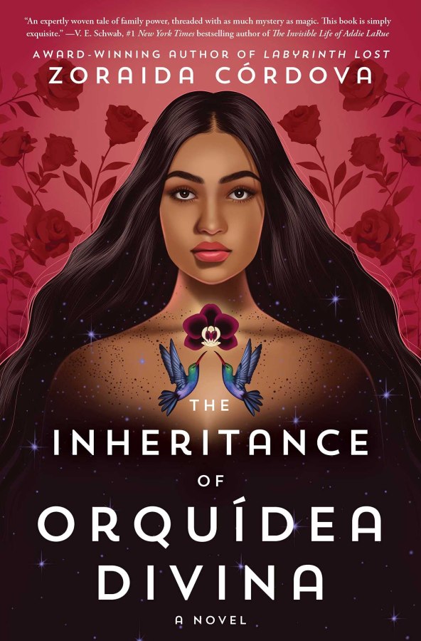 The cover of The Inheritance of Orquídea Divina by Zoraida Córdova. The cover depicts a brown-skinned woman with long, black hair and two hummingbirds and a flower on her chest.