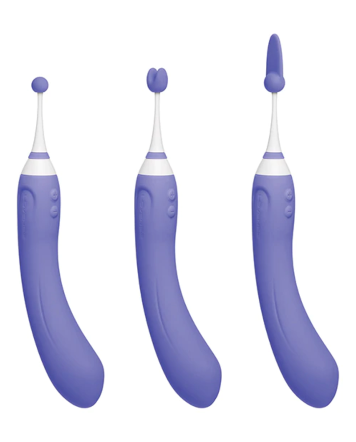 Three images of a silicone, lavender vibrating toy. Each image of the toy has a separate attachment on top. The attachments are: a sphere, a U-shape and a sphere with a flat, tongue-shaped piece extending from it.