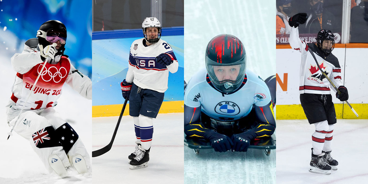 Photo 1:Β Makayla Gerken Schofield of Great Britain in action competes at Freestyle Skiing Moguls. Photo 2:Β Alex Carpenter of Team USA celebrates her hockey goal. Photo 3:Β Belgium's Kim Meylemans reacts as she finishes the fourth run of the women's skeleton competition of the IBSF Skeleton World Championship. Photo 4:Β Emily Clark #26 of Canada reacts after scoring a goal against the the United States.Β