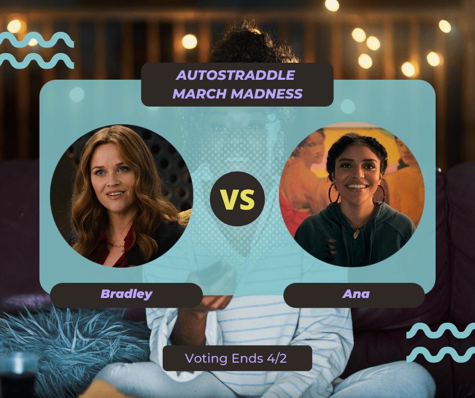 Background: a young Black woman smiling and watching TV with a remote in her hand, teal squiggles are illustrated on the sides of the photo. Foreground text in purple against a dark gray and teal background: Autostraddle March Madness / Bradley vs. Ana. Voting ends 4/2.