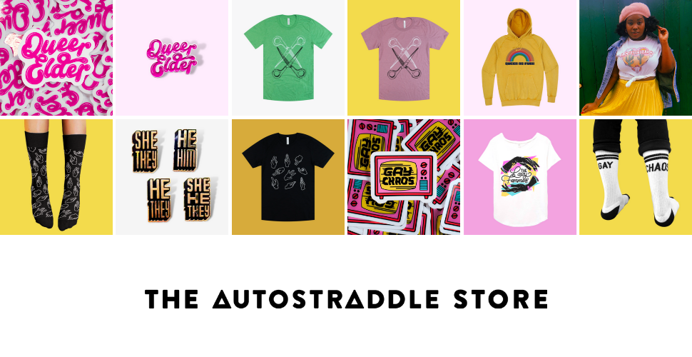A 12 part collage of Autostraddle merch featuring two shots of our "Queer Elder" stickers, two versions of our scissoring tee one in green and one in pink, our mustard colored "Queer as Fuck" sweatshirt, our lesberado tee shirt modeled by Shelli, our fisting socks, our new pronoun pins, our hands-printed tee in black, our gay chaos stickers, our "The Lazy Femmes" band tee and our "gay chaos" socks.