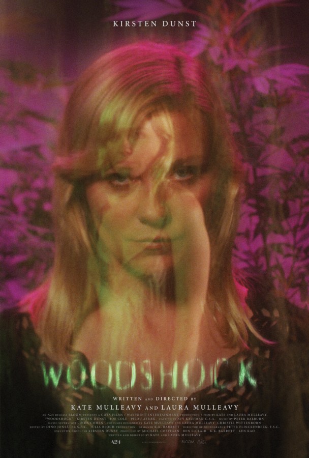 Kirsten Dunst is pictured in a close-up portrait and a faded full-body shot superimposed over herself in the surreal cover of Woodshock.