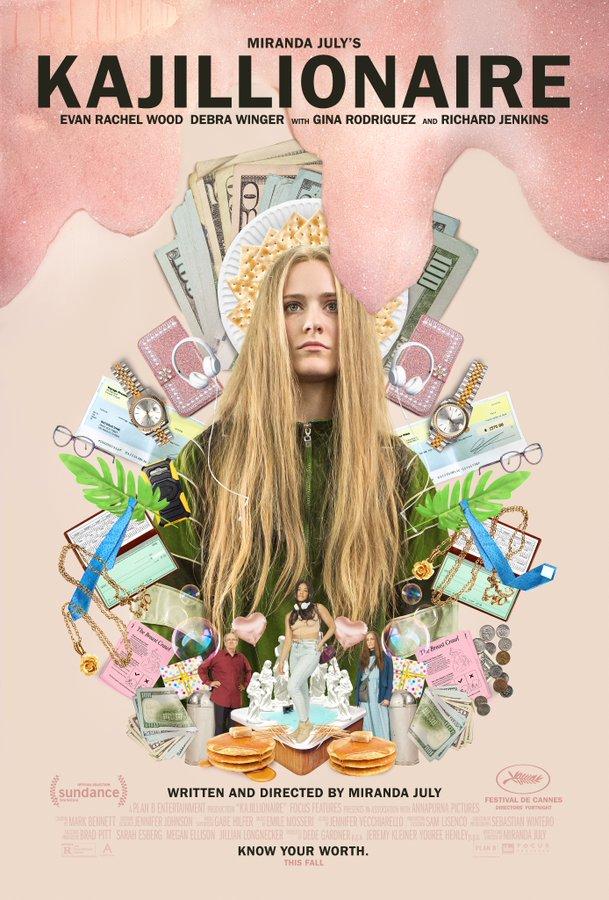 Evan Rachel Wood is in the center of a bunch of objects, including money, on this movie cover for Kajillionaire.
