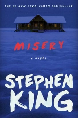 the cover of Misery by Stephen King which shows a lone house within a twilight lit field of heavy snow