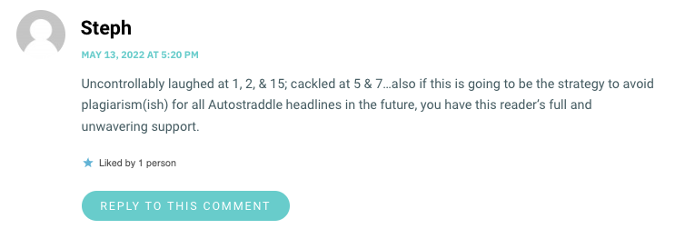 Uncontrollably laughed at 1, 2, & 15; cackled at 5 & 7…also if this is going to be the strategy to avoid plagiarism(ish) for all Autostraddle headlines in the future, you have this reader’s full and unwavering support.