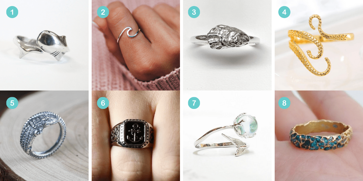Photo 1: A silver ring shaped like a hammerhead shark. Photo 2: A silver ring shaped like a wave. Photo 3: A silver ring shaped like an oyster. Photo 4: A gold ring shaped like tentacles. Photo 5: A silver ring shaped like a crocodile. Photo 6: A chunky silver ring shaped like an anchor. Photo 7: A silver ring shaped like a mermaid tail with a large gemstone. Photo 8: A gold ring band with blue gems.