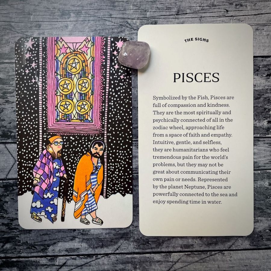 In two tarot cards on a grey background:  Left: A man and a woman, covered in brightly colored blankets, walk outside on a snowy night. In the window above them are five pentacles. Right: Pisces