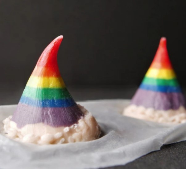 two prosthetic rainbow horns. they are pretty short and cute