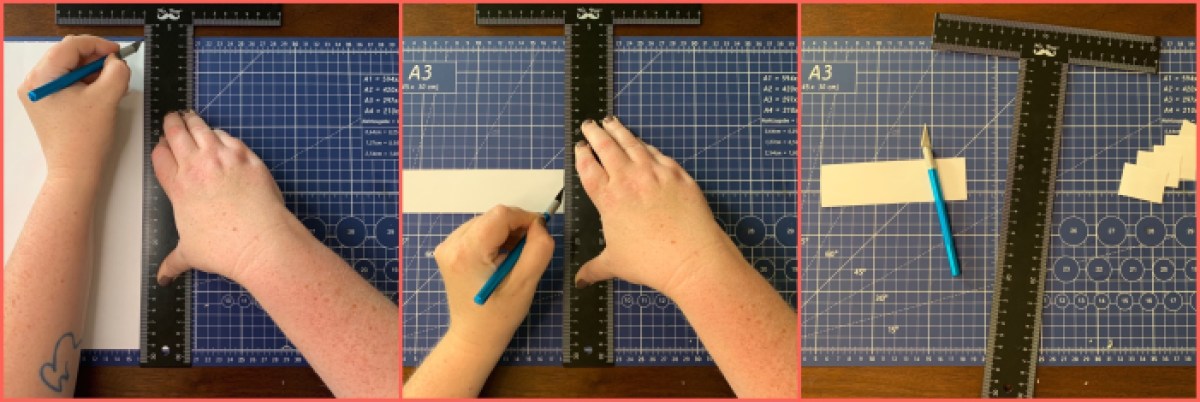 Three photos illustrating the tiny bookmaking process described in this post
