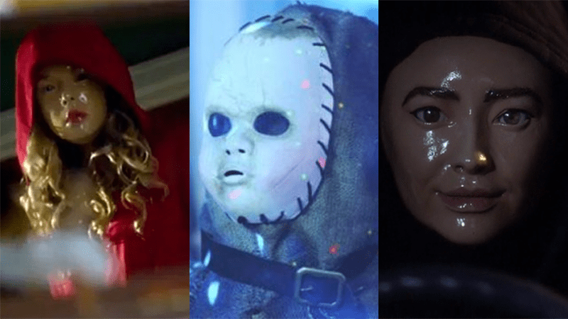 Three PLL mask examples: Alison (Red Coat), baby face zombie, and Emily Fields