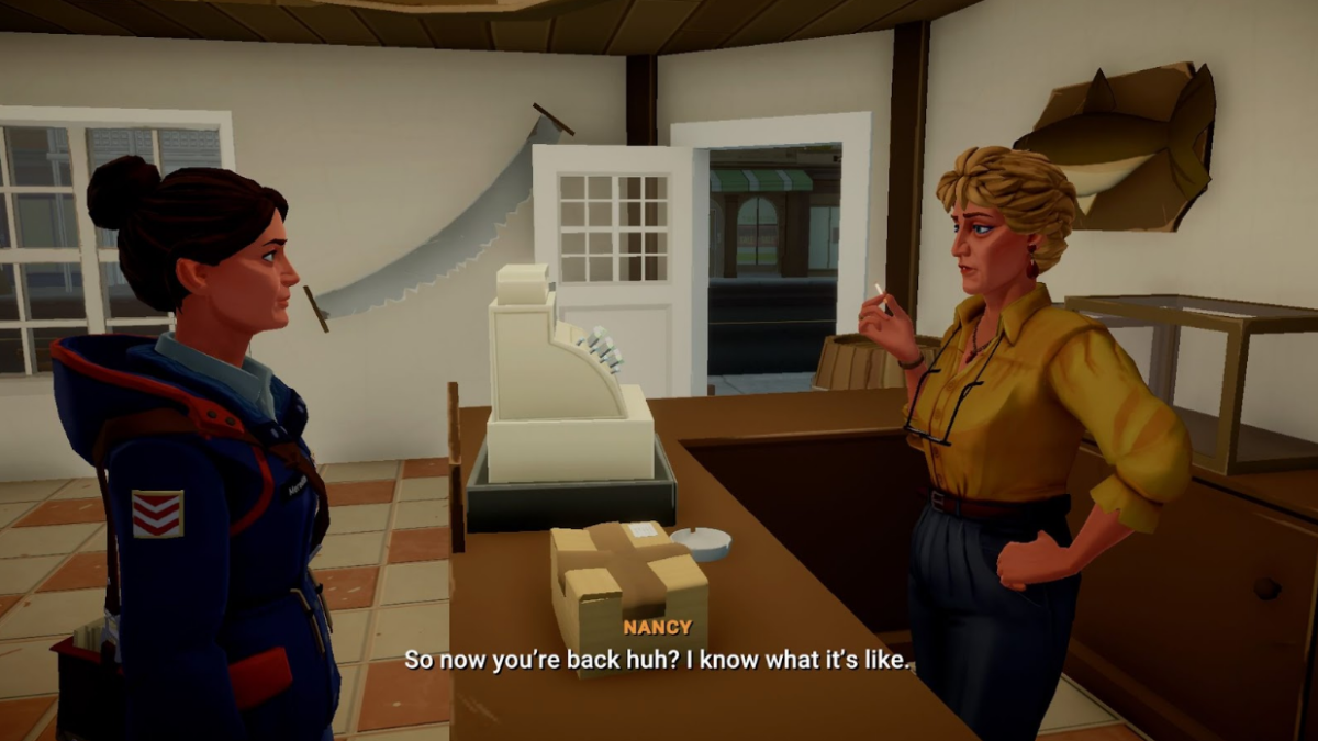 A screenshot from the video game Lake, in which a woman named Nancy says "So now you're back huh? I know what it's like." from behind a cash register to another woman.