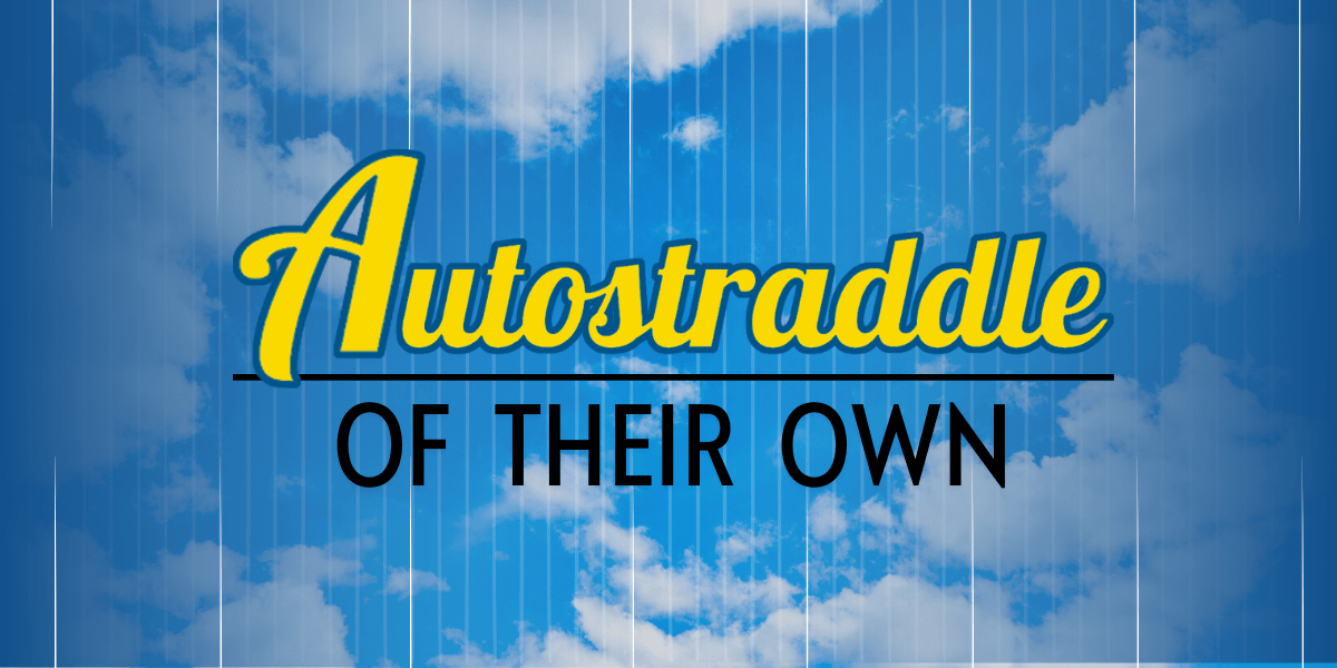 in the style of the original A League of Their Own logo, against a blue cloudy sky backdrop reads the title Autostraddle of their own