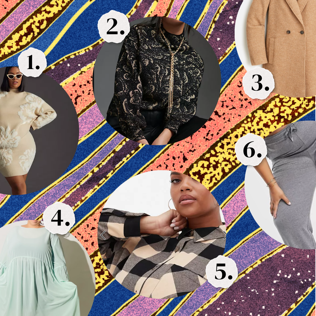 1. Beige sweater skirt set. 2. A celestial patterned black bomber jacket. 3. A camel coat. 4. A seafoam dress. 5. A black and white plaid flannel. 6. Gray sweatpants.