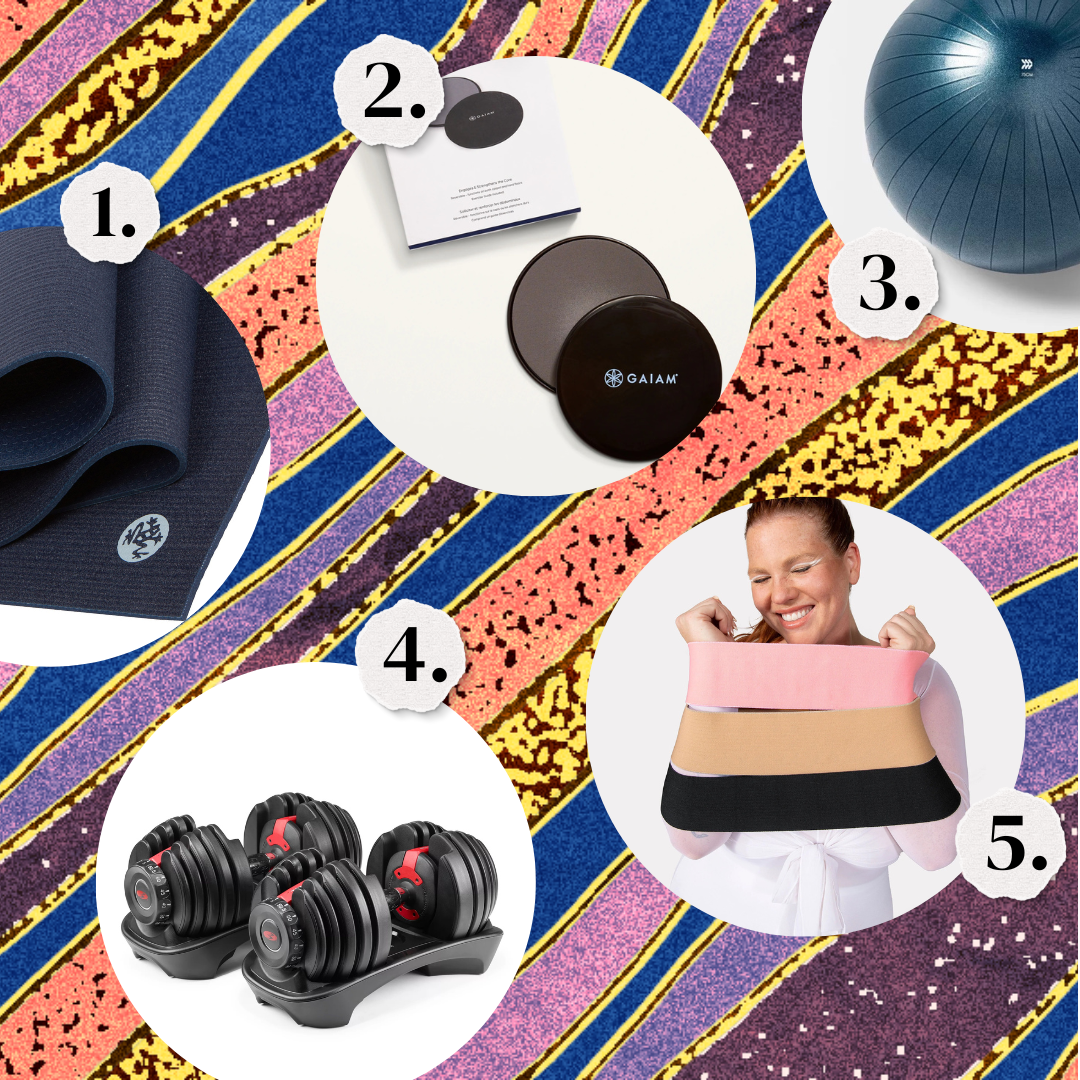 1. A yoga mat. 2. Sliding core discs. 3. A yoga ball. 4. Dumbbells. 5. Resistance bands.