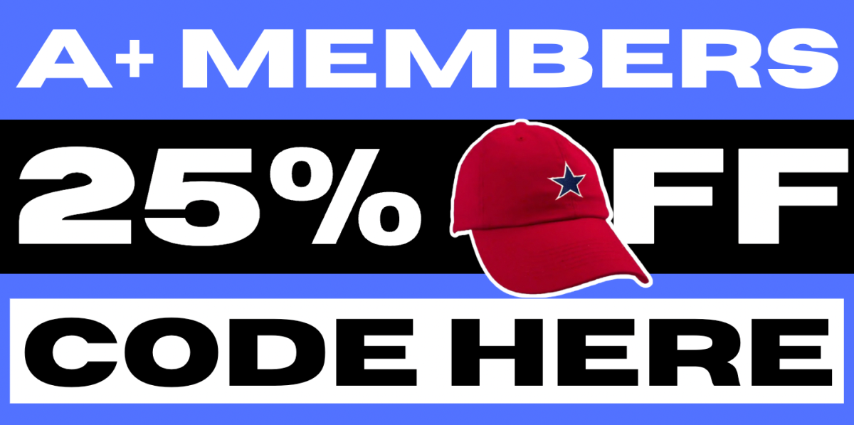 A collage graphic that says "A+ MEMBERS / 25% OFF / CODE HERE." On top is an image of the All Stars Cap outlined in white.