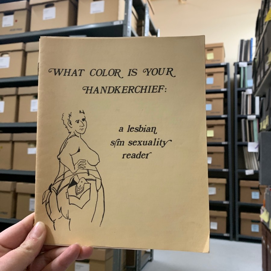 a pamphlet cover that reads What Color is your Handkerchief: a Lesbian s/m sexuality reader