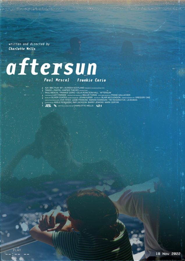 the cover of aftersun shows a child staring out at some water while a young person reflects back at them in the waves