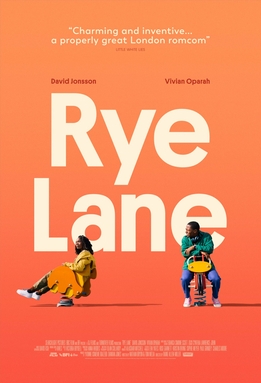 mostly this cover shows an orange gradient with the words Rye Lane on it in white and two small, colorfully dressed adult figures on playground toys