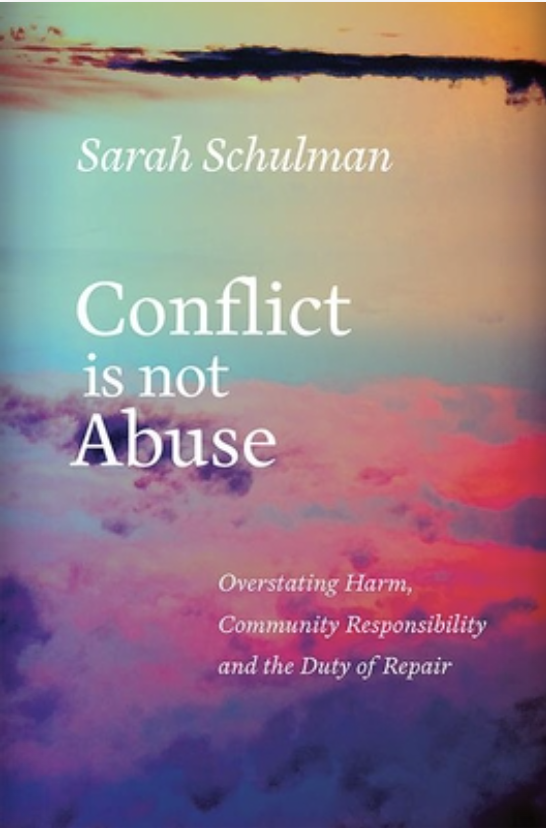 the cover features a landscape photo that looks like it was taken from the edge of a body of water with a colorful filter atop it. the title conflict is not abuse is in white on top.
