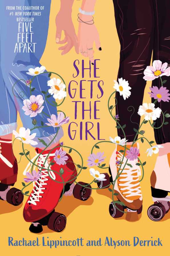 an illustration of two people wearing roller skates, hands dangling down almost touching. cover for she gets the girl