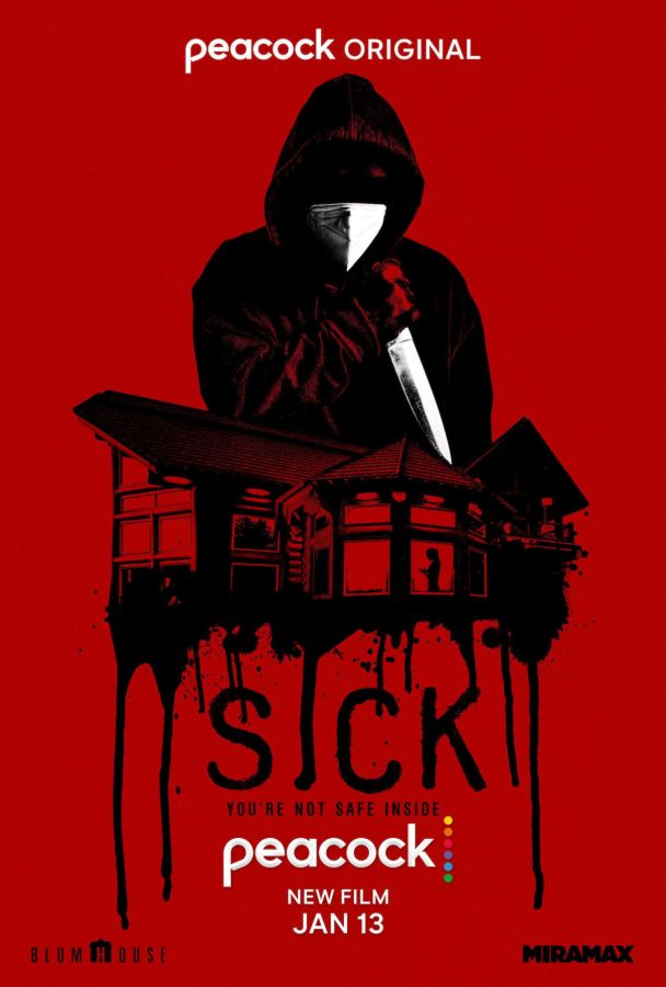 a red cover with a murderer with a n-95 mask on and a knife in white over a house