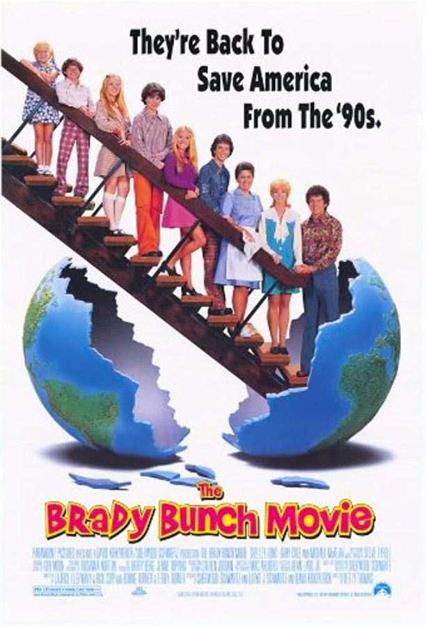 cover of the brady bunch movie featuring that whole family standing in a line on the stairs and a cracked globe at the bottom of the stairs