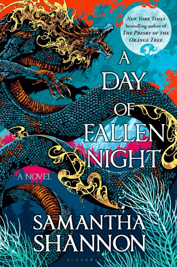 a gorgeous painting of a dragon with the text "a day of fallen night" on top