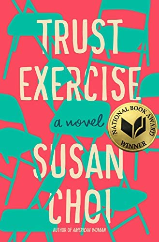 cover for trust exercise, has teal sillhouettes of folding chairs against a coral background