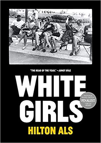 the cover of white girls has the title set in bold type on a black background as well as a vintage black and white photo of a bunch of people on a bench