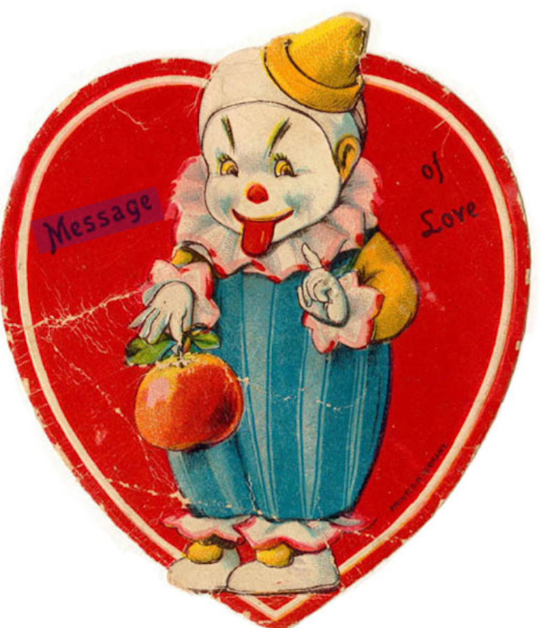 a vintage valentine with a nefarious looking clown child on it sticking out its tongue and holding an apple for no reason. message of love.