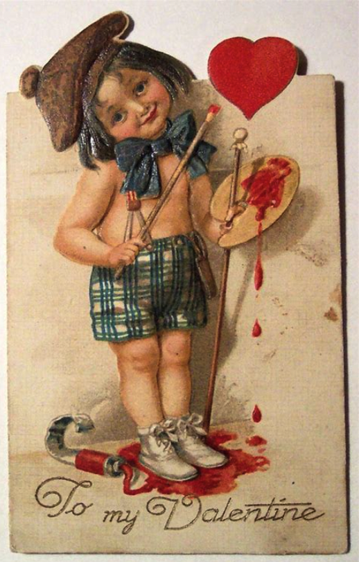 a semi realistic painting of a child shows it with its head cocked severely to the right, wearing a beret, giant neck bow, no shirt, suspenders, and little shorts and white sneakers. a palette in their hand oozes read and read blood like color pools at their feet where a red tube of paint is squeezing out.