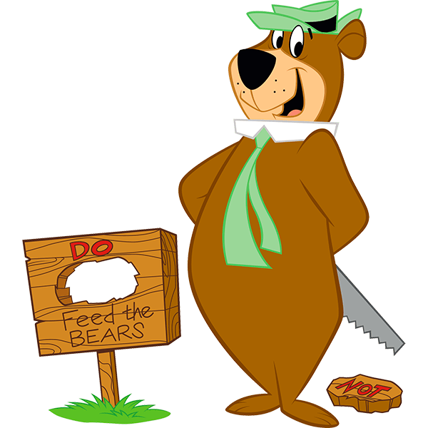 Yogi Bear has cut up a park sign so it read "DO feed the bears." 