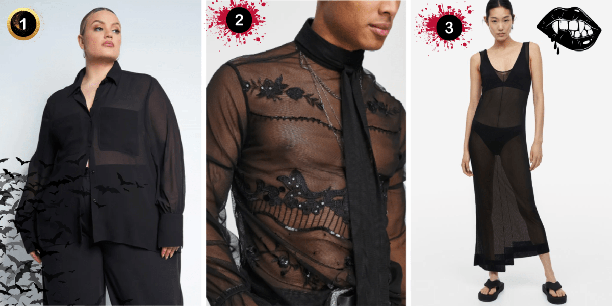three images from left to right, a plus size model displays a sheer, boxy black mesh button up shirt, next a straight size model wears an elaborately embroidered black mesh shirt with a top neck tie that drapes down over the front, third a straight size model wears a long, sheer, clingy dress that is super minimal and ends in an assymetrical hem