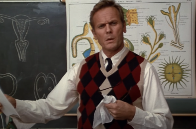 Mr Stuart teaching his glass in Grease 2