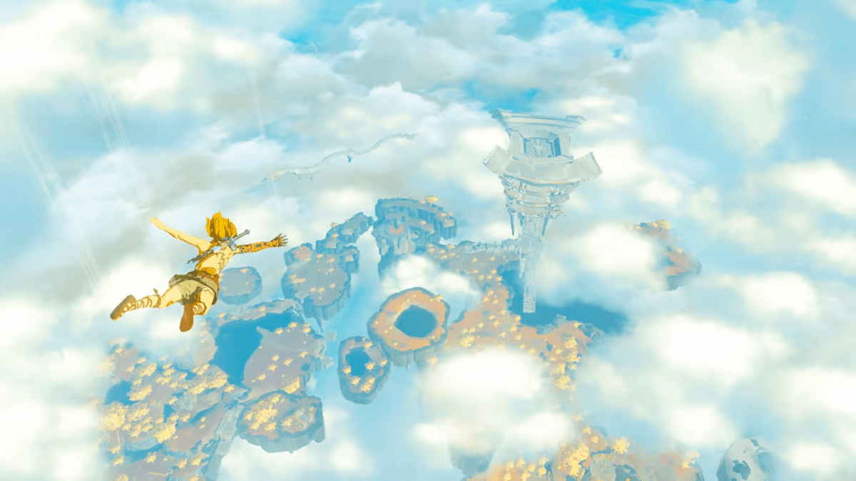 Link flys through the air. 