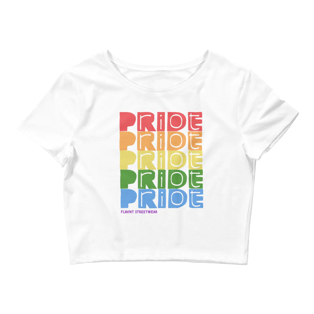 the word "Pride" repeated numerous times in a rainbow gradient with "riot" being written in.