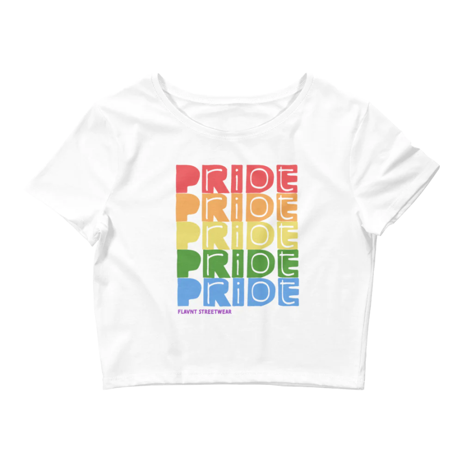 the word "Pride" repeated numerous times in a rainbow gradient with "riot" being written in.